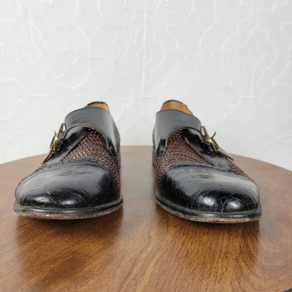 Brass Boot Mens Shoes 10 Brown Black Braided Leather Cap Toe Monk Strap Loafer - Picture 7 of 16